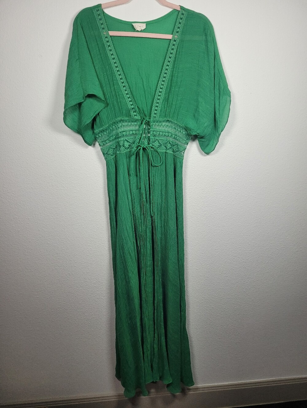 BiBi Medium Kelly Green Boho Crochet Trim Plunging V-Neck Maxi Dress Cover Up